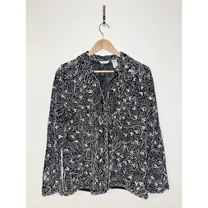 LAURA ASHLEY Vintage Black White Abstract Artsy Print Zip Up Jacket Top | M